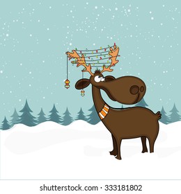 Cute funny Reindeer with colorful lights on creative winter background for Merry Christmas celebration.