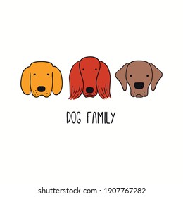 Curioso recuperador, labrador, setter, rostros de cachorro, cita a Dog Family. Ilustración vectorial de color dibujada a mano, aislada en blanco. Imagen de la línea. Logo de la mascota, icono. Cartel de concepto de diseño, camiseta, huella de moda.