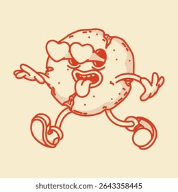 Cute funny retro mascot cookie with hearts eyes running and being in love. Bakery menu symbol