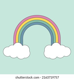 Cute and funny retro rainbow with white clouds. 1970 vibe in single vintage graphic element for creating posters, cards, banners and templates.