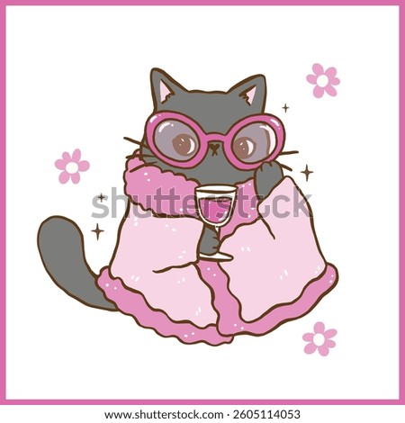 Cute Funny Retro Self Love Cat with wine wear sassy glassses and bathrobe Cartoon Doodle Hand Drawn 