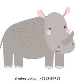 Ilustración graciosa del personaje de la caricatura rinoceronte. Diseño plano de estilo escandinavo dibujado a mano, vector aislado. Animales tropicales, vida silvestre de la jungla, safari, naturaleza, elementos de impresión infantil