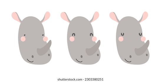 Cute funny rhino faces illustrations set. Hand drawn cartoon character. Scandinavian style flat design, isolated vector. Kids print element, poster, card, wildlife, nature, baby animals