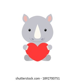 Cute funny rhino with heart on white background. Cartoon animal character for congratulation with St. Valentine day, greeting card, invitation, wall decor, sticker. Colorful vector stock illustration.