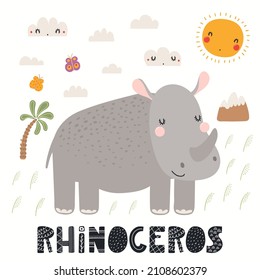 Cute funny rhinoceros, African savanna landscape, isolated on white. Hand drawn wild animal vector illustration. Scandinavian style flat design. Concept for kids fashion, textile print, poster, card