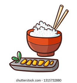 Cute and funny rice with meat plus chopstick, oriental look - vector