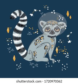 Cute funny ring-tailed lemur and tropical plant. Madagascar exotic Lemur catta. Vector illustration in flat and cartoon style on space background