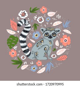 Feine Lemur und tropische Pflanze. Madagaskar exotische Lemur-Katta. Vektorgrafik auf Flach- und Cartografik-Art und Blumenelementen
