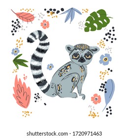 Cute funny ring-tailed lemur and tropical plant. Madagascar exotic Lemur catta. Vector illustration in flat and cartoon style on white background and floral doodle elements