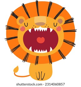 Cute funny roaring lion cartoon character illustration. Hand drawn Scandinavian style flat design, isolated vector. Tropical animal, jungle wildlife, safari, nature, kids print element