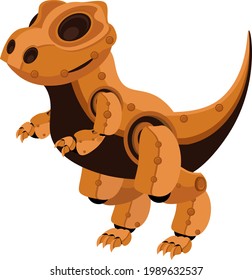 Cute and funny robot dinosaur in steampunk style. Vector illustration on the topic of robotics on a white background.
