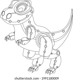 Cute and funny robot dinosaur in steampunk style. Vector coloring book on the theme of robotics on a white background.