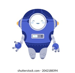 Cute funny robot smiling. Childish bot toy with happy face. Adorable little humanoid cyborg machine. Kids futuristic mechanism. Colored flat cartoon vector illustration isolated on white background