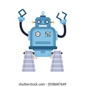 Cute funny robot toy. Old retro bot in 50s style. Childish cyborg with bizarre face and hands. Portrait of kids humanoid machine. Colored flat cartoon vector illustration isolated on white background