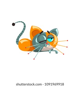 Cute funny robotic cat lying on the floor, artificial intelligence concept vector Illustrations on a white background