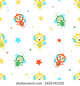 Cute Funny Robots Seamless Pattern, Friendly Alien or Robot Design Element Can Be Used for Fabric, Wallpaper, Packaging Vector Illustration