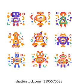 Cute funny robots set, android characters, artificial robotics machine colorful vector Illustration on a white background