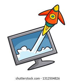 Cute and funny rocket coming out from TV - vector