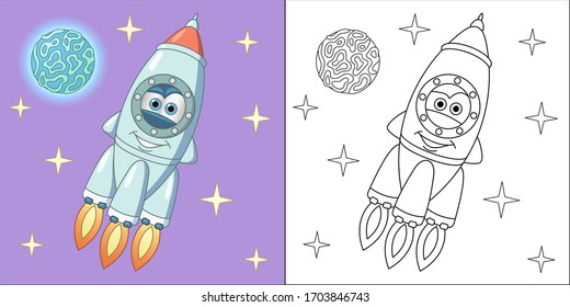 Cute funny rocket ship. Coloring page and colorful clipart character. Cartoon design for t shirt print, icon, logo, label, patch or sticker. Vector illustration.