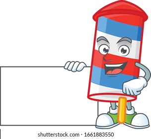 Cute funny rocket USA stripes cartoon character having a board