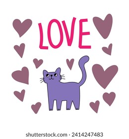 Cute and funny romantic cats for Valentine's day. Holiday inspiration. Cats with hears and romantic elements.