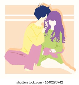 cute funny romantic couple character with romantic moment. very close each other and enjoy time together, care for each other and soft color background. new creative flat design for valentine's day.
