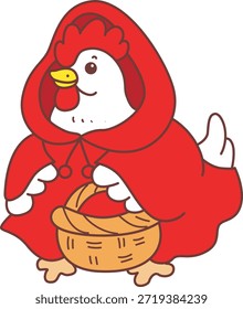 Icono divertido lindo de la etiqueta engomada del pollo del gallo con el tema de halloween. Pollo de gallo con traje de capucha roja