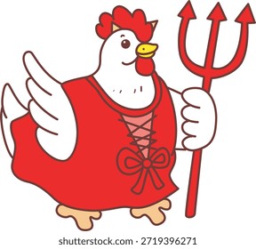 Cute funny Rooster Chicken sticker icon with halloween theme. Rooster Chicken wearing a red devil costume
