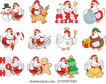 Icono divertido lindo de la etiqueta engomada del pollo del gallo con el tema de la Navidad. Pollo de gallo en la variación de la decoración de Navidad 