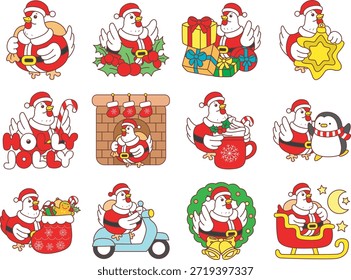 Icono divertido lindo de la etiqueta engomada del pollo del gallo con el tema de la Navidad. Pollo de gallo en la variación del traje de Navidades