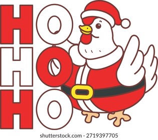 Icono divertido lindo de la etiqueta engomada del pollo del gallo con el tema de la Navidad. Pollo gallo traer un ho ho ho texto