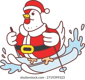 Cute funny Rooster Chicken sticker icon with christmas theme. Rooster Chicken playing ice skating