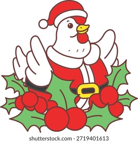Ícone engraçado do adesivo do galo do galo bonito com tema de Natal. Galo Frango com plantas de cereja 