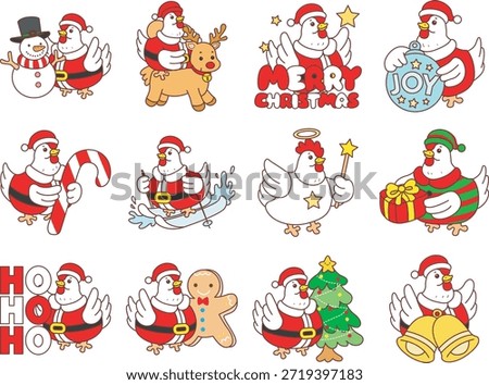 Cute funny Rooster Chicken sticker icon with christmas theme. Rooster Chicken in the variation of Christmas decoration 