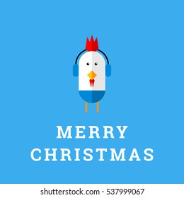 Cute Funny Rooster Illustration Christmas Card. Flat Design