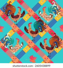 Cute funny roosters stand on colorful perches. Seamless patchwork pattern, animal print for fabric.