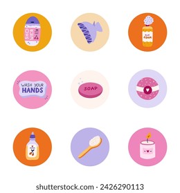 Cute and funny round highlights for social media, blogs, business, branding with spa, hygiene and bathe illustrations. Cover icons for stories with cosmetic products, washing items vector clipart.