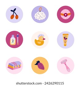 Cute and funny round highlights for social media, blogs, business, branding with spa, hygiene and bathe illustrations. Cover icons for stories with cosmetic products, washing items vector clipart.
