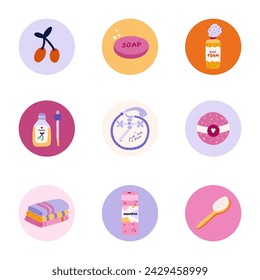 Cute and funny round highlights for social media, blogs, business, branding with spa, hygiene and bathe illustrations. Cover icons for stories with cosmetic products, washing items vector clipart.