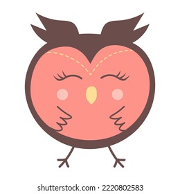 Cute funny round owl. Forest bird cartoon character.
