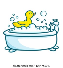 Cute and funny rubber duck on bathtub - vector.