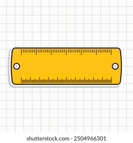 Netter lustiger Ruler Aufkleber. Handgezeichneter Cartoon-Kawaii-Vektorsymbol. Einzeln auf Hintergrund. Zeichenkonzept der Linealkarte