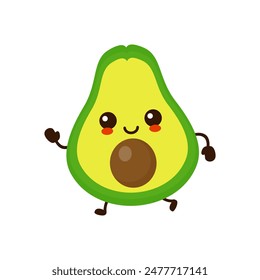 Cute funny running avocado fruit. Vector hand drawn cartoon kawaii character