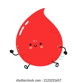 Cute funny running blood drop.Vector hand drawn cartoon kawaii character illustration icon.Isolated on white background.Run blood drop emoji,child,face,adorable,kids,healthy,kawaii concept