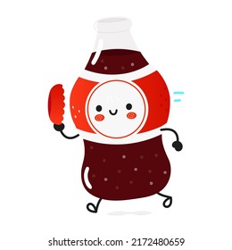 Cute funny running bottle cold drink cola. Vector hand drawn cartoon kawaii character illustration. Isolated white background. Run happy bottle cold drink cola concept