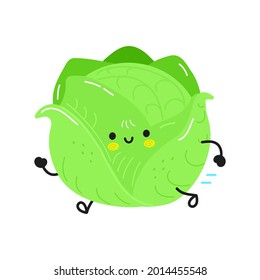 Cute funny running cabbage. Vector hand drawn cartoon kawaii character illustration icon. Isolated on white background. Running cabbage concept