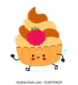 Cute funny running cake.Vector hand drawn cartoon kawaii character illustration icon. Isolated white background. Run cupcake emoji,child,face,adorable,kids,cartoon,adorable,kawaii,funny,vector concept