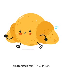 Cute funny running croissant. Vector hand drawn cartoon kawaii character illustration icon. Isolated on white background. Run happy croissant concept