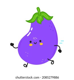 Cute funny running eggplant. Vector hand drawn cartoon kawaii character illustration icon. Isolated on white background. Run eggplant concept