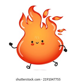 Cute funny running fire. Vector hand drawn cartoon kawaii character illustration icon. Isolated on white background. Run happy fire concept